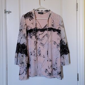 Karl Lagerfeld blouse pink grey shirt top plus size XL tunic ruffled collar lace